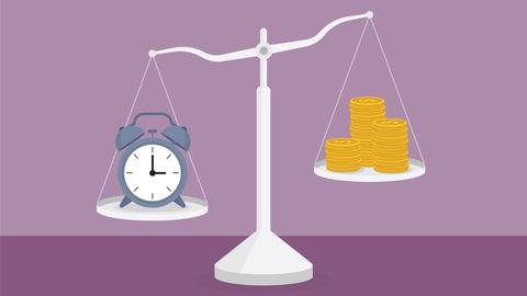 Eine Uhr und ein Stapel Münzen auf den Waagschalen: Die Uhr ist schwerer.