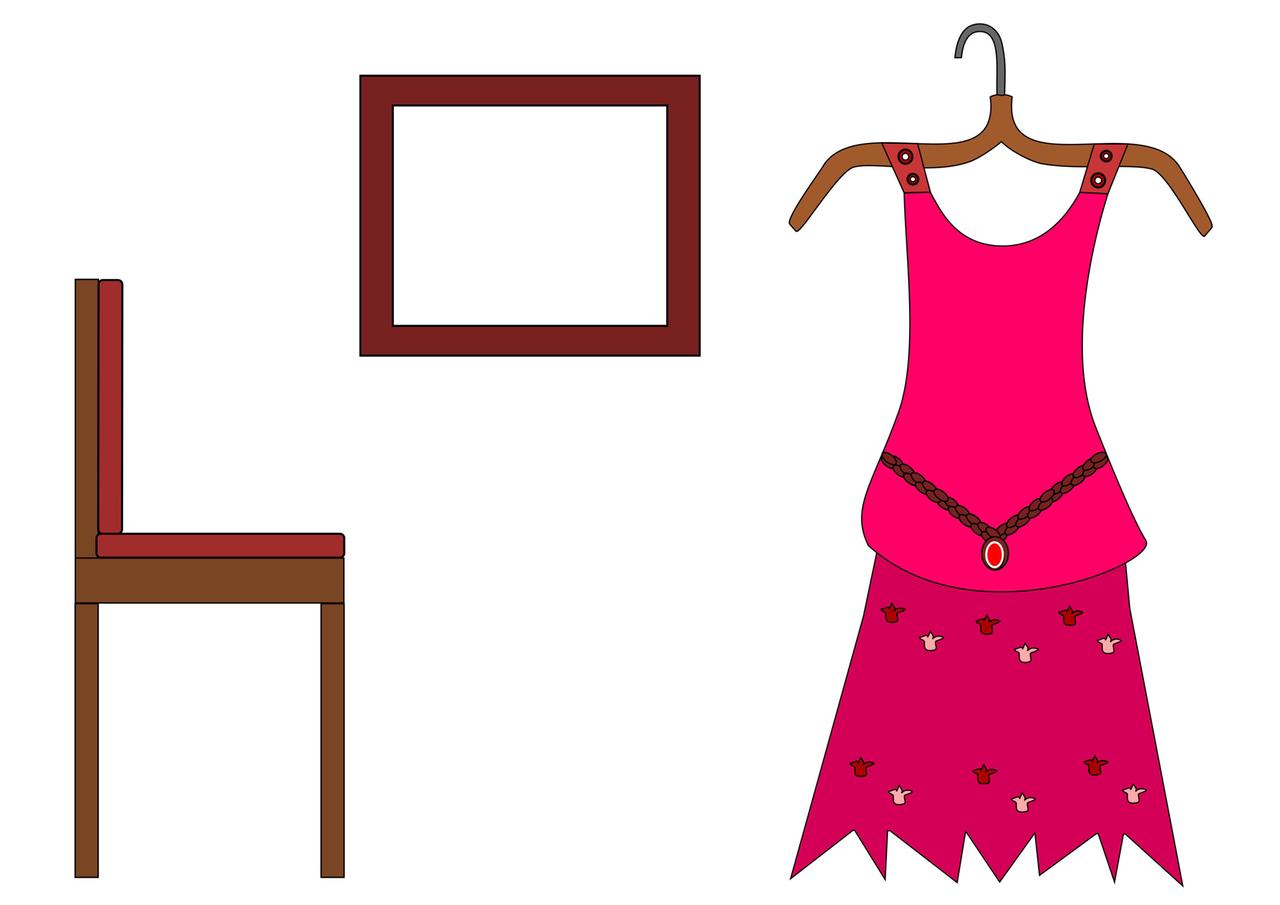 Auf dieser Illustration hängt ein Kleid auf einem Bügel, im Hintergrund Stuhl und Spiegel.