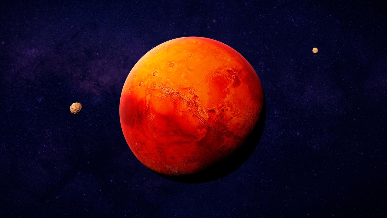 Illustration: Mars mit seinen Monden Phobos und Deimos 