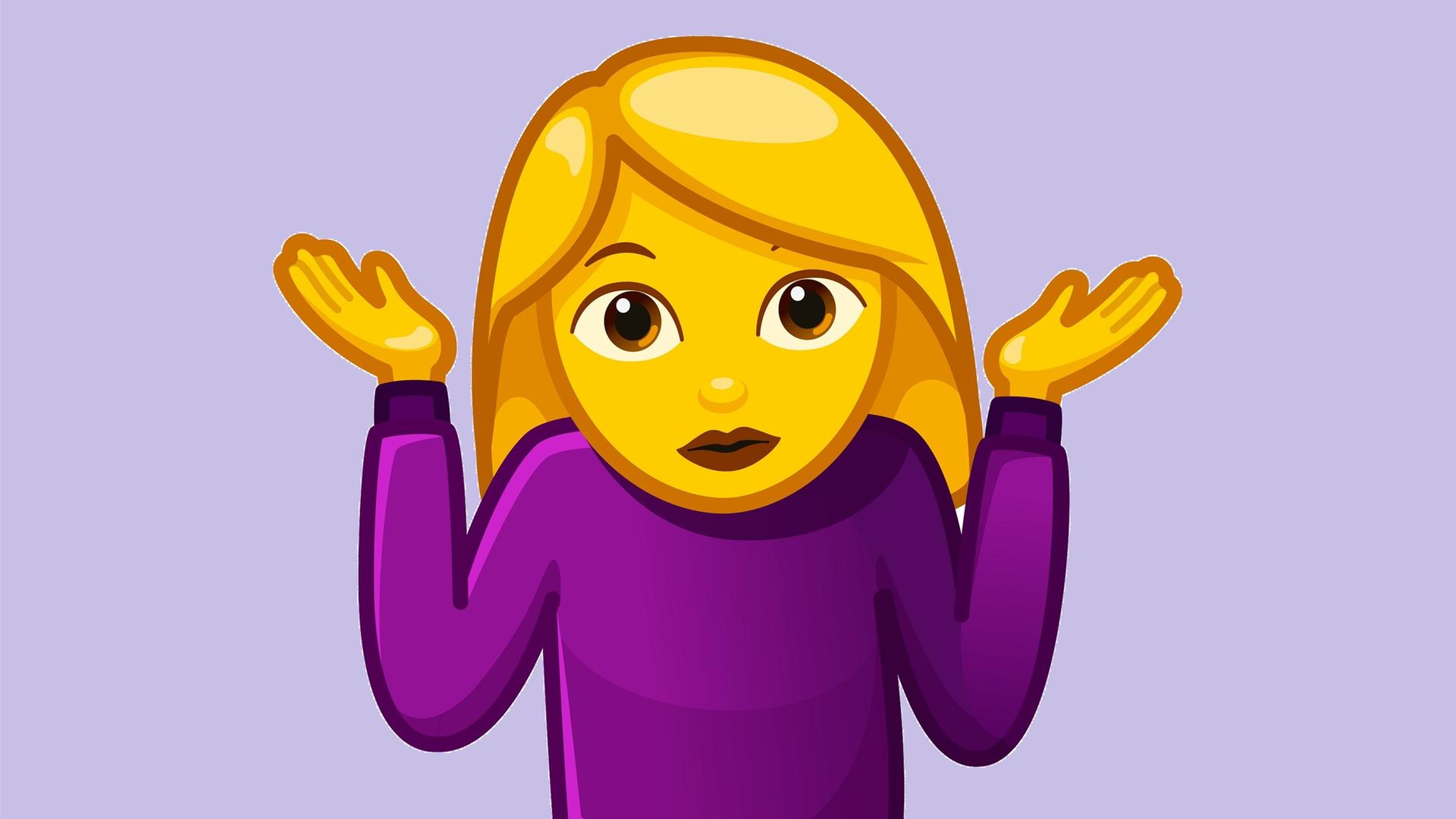 Emoji einer blonden Frau, die mit den Schultern zuckt. Emoji einer blonden Frau, die mit den Schultern zuckt.