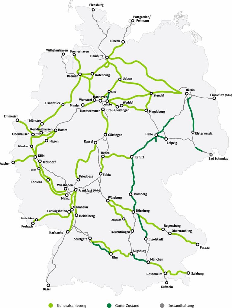 Karte der Deutschen Bahn mit Strecken, die saniert werden sollen.