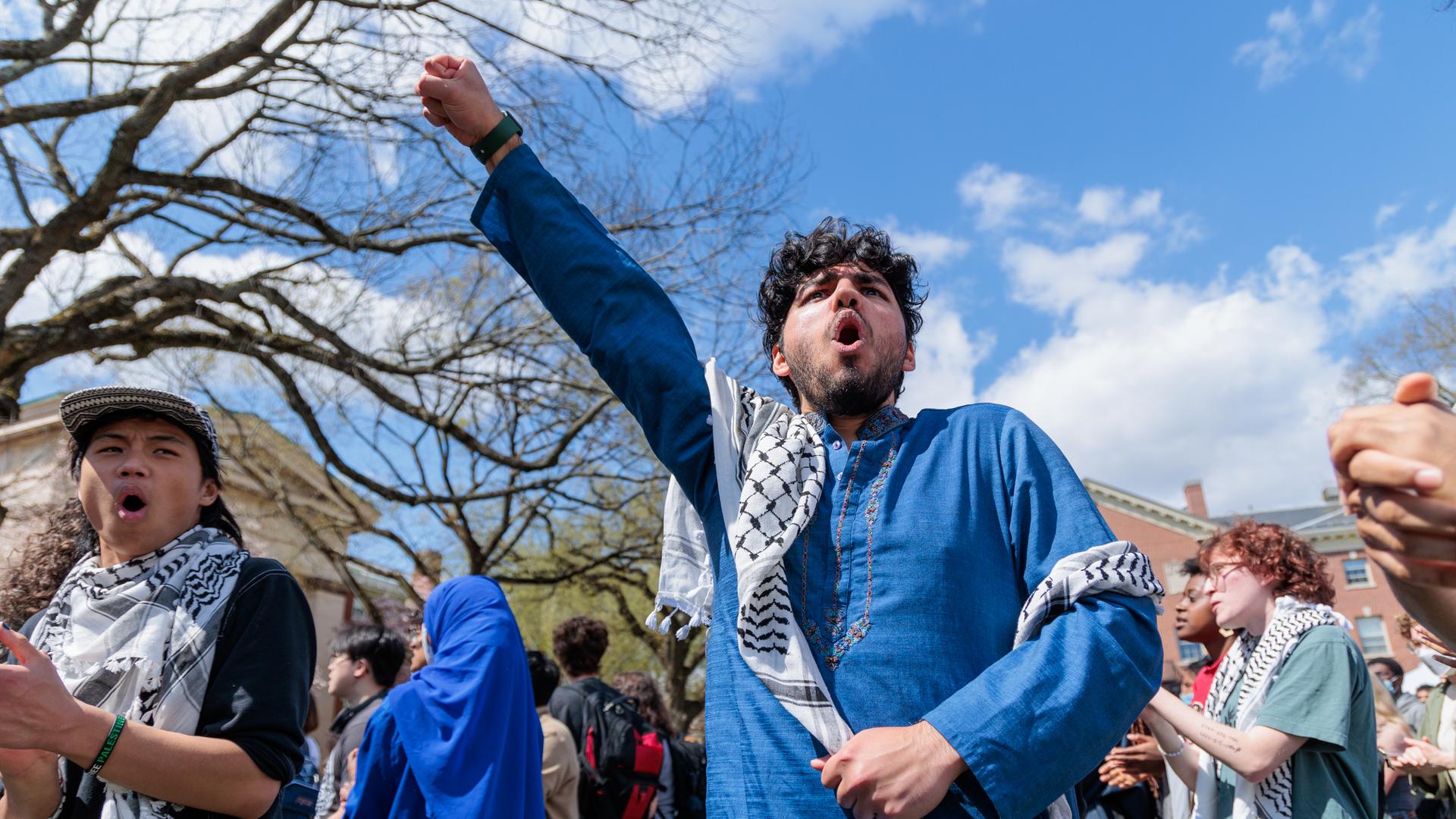 Ein junger Mann mit umgebundenen Palästinensertuch reckt die Faust im Protest in die Luft.