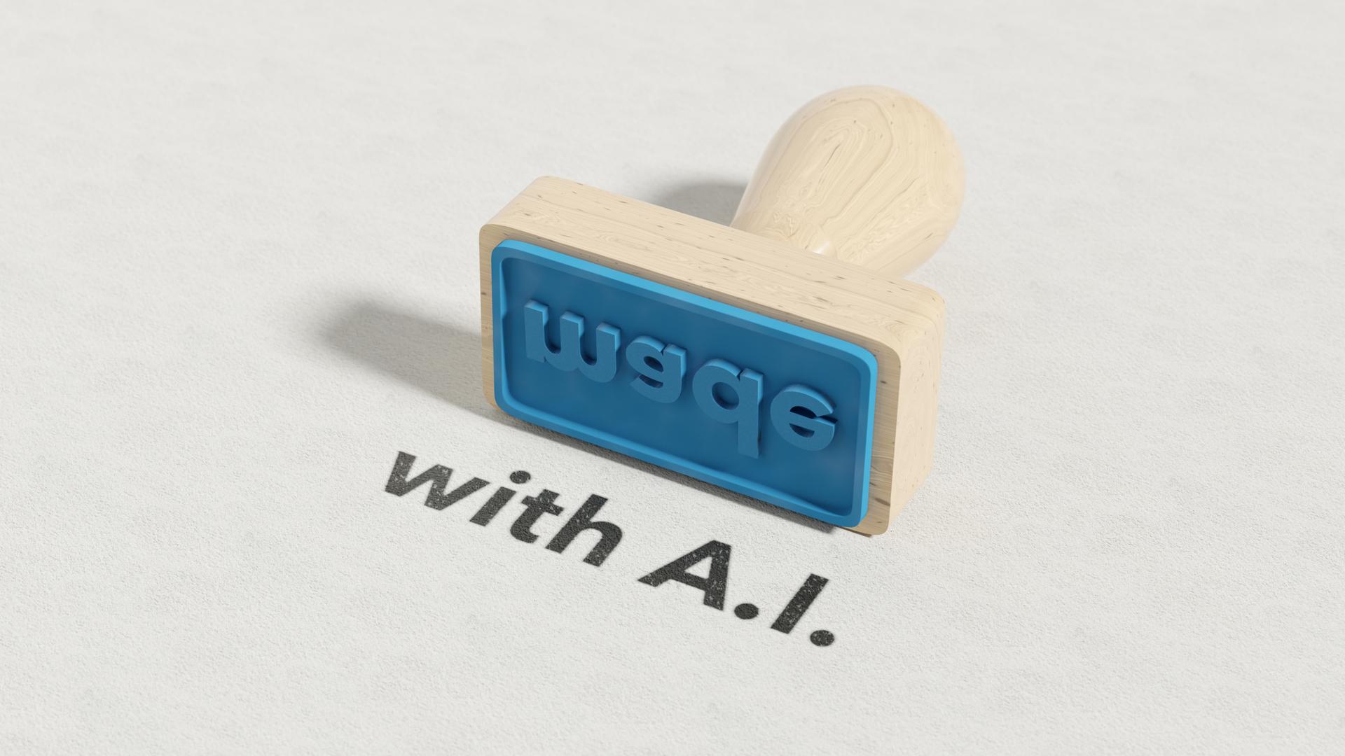 Ein Stempel liegt auf einem Blatt Papier, darauf die Aufschrift "made with A.I.". Ein Stempel liegt auf einem Blatt Papier, darauf die Aufschrift "made with A.I.".