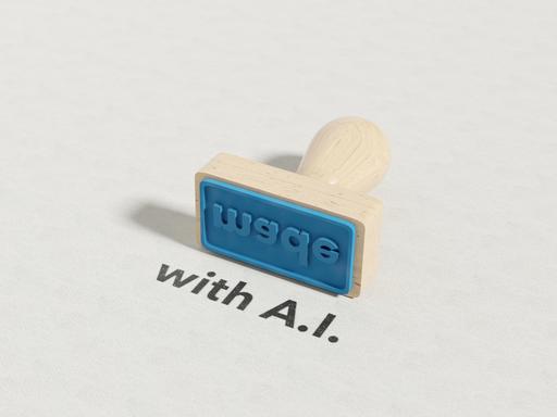 Ein Stempel liegt auf einem Blatt Papier, darauf die Aufschrift "made with A.I.". Ein Stempel liegt auf einem Blatt Papier, darauf die Aufschrift "made with A.I.".