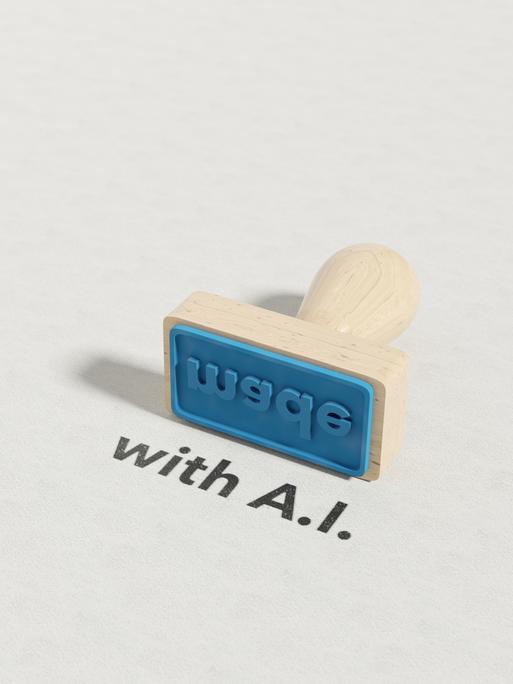 Ein Stempel liegt auf einem Blatt Papier, darauf die Aufschrift "made with A.I.". Ein Stempel liegt auf einem Blatt Papier, darauf die Aufschrift "made with A.I.".