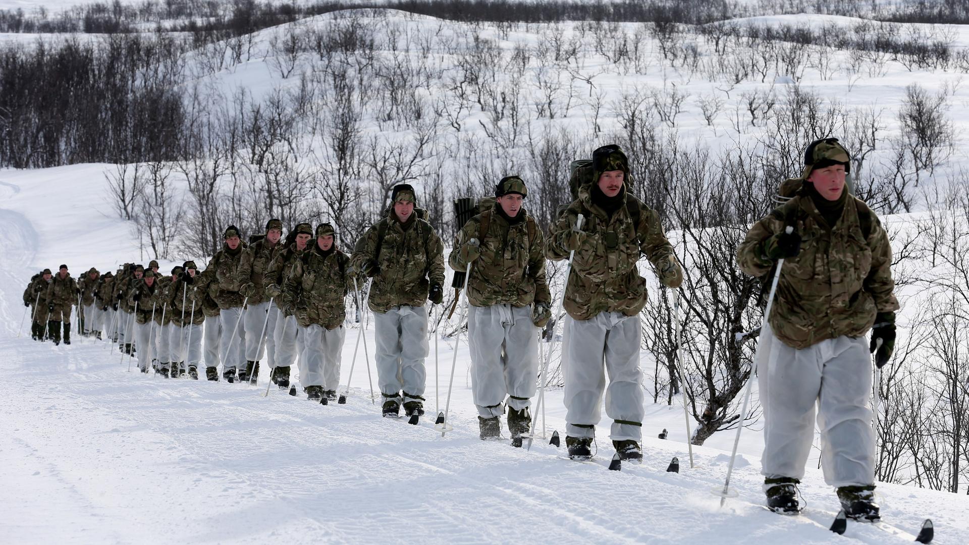 Das Bild zeigt britische Marinesoldaten bei einer Übung in Nordnorwegen. Sie marschieren in einer Kolonne durch den Schnee. 
