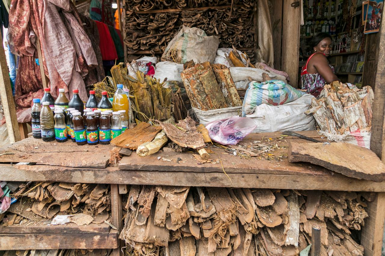 Eine Verkäuferin sitzt hinter ihrem Stand voller Rinden von Bäumen und in Plastikflaschen abgefüllte Tränke auf den Markt von Yaoundé.