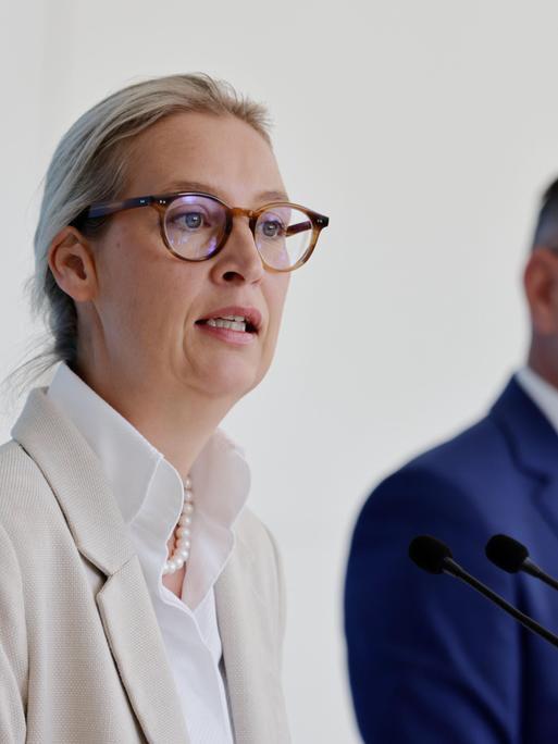 Dr. Alice Weidel, Co-Vorsitzende der AfD-Bundestagsfraktion, Tino Chrupalla, Vorsitzender der AfD- Bundestagsfraktion, nach ihrer Klausurtagung der AfD-Fraktion im Bundestag