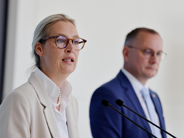 Dr. Alice Weidel, Co-Vorsitzende der AfD-Bundestagsfraktion, Tino Chrupalla, Vorsitzender der AfD- Bundestagsfraktion, nach ihrer Klausurtagung der AfD-Fraktion im Bundestag