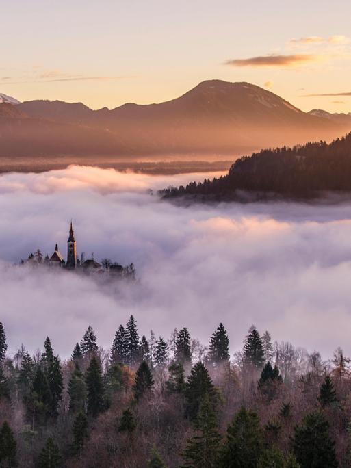 Blick von einem Berg in ein Tal, das voller Nebel ist, während wenige Gebäude hoch genug sind, um wie eine Insel hervorzulugen.