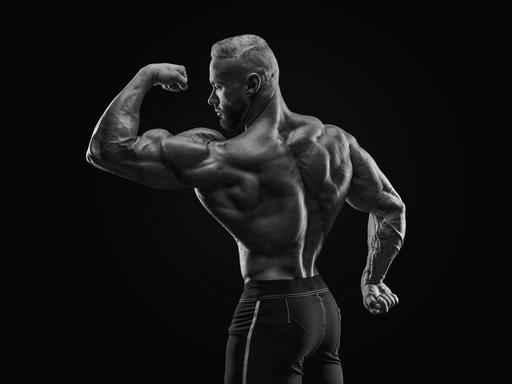 Silhouette eines kräftigen Bodybuilders, der die Muskeln seines linken Oberarms anspannt.