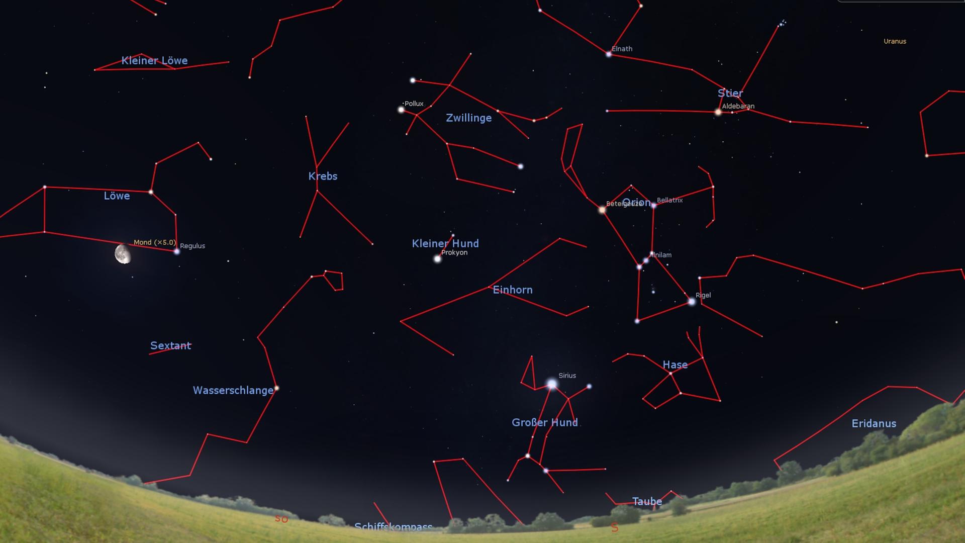 Der Sternenhimmel im Januar: Gegen Mitternacht gibt es auch am Himmel ein Feuerwerk – mit Sirius im Süden und vielen hellen Sternen höher am Firmament. 