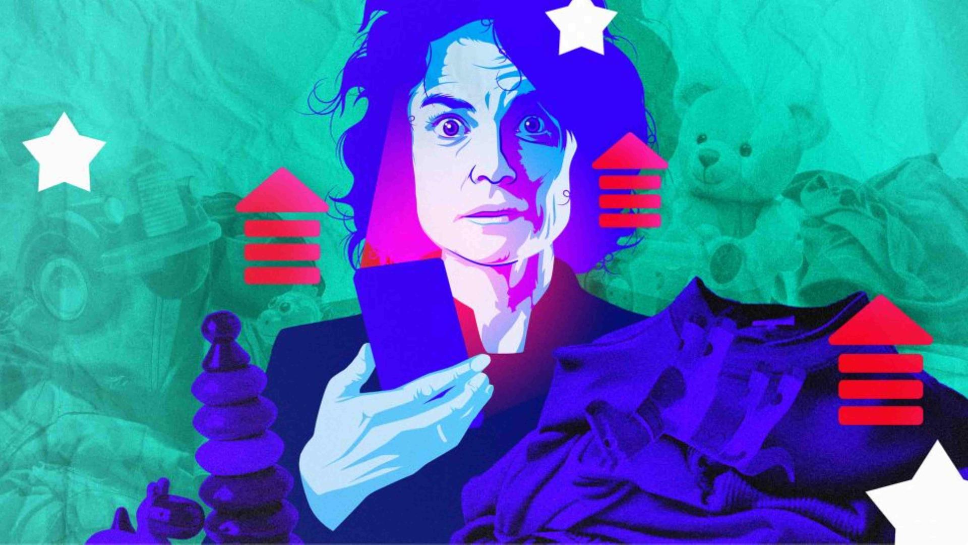 Illustration einer gestresst wirkenden Frau mit Handy in der Hand, Klamotten auf dem einen Arm und Spielfiguren und Computerspiel-Symbole um sie herum.