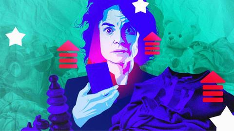 Illustration einer gestresst wirkenden Frau mit Handy in der Hand, Klamotten auf dem einen Arm und Spielfiguren und Computerspiel-Symbole um sie herum.