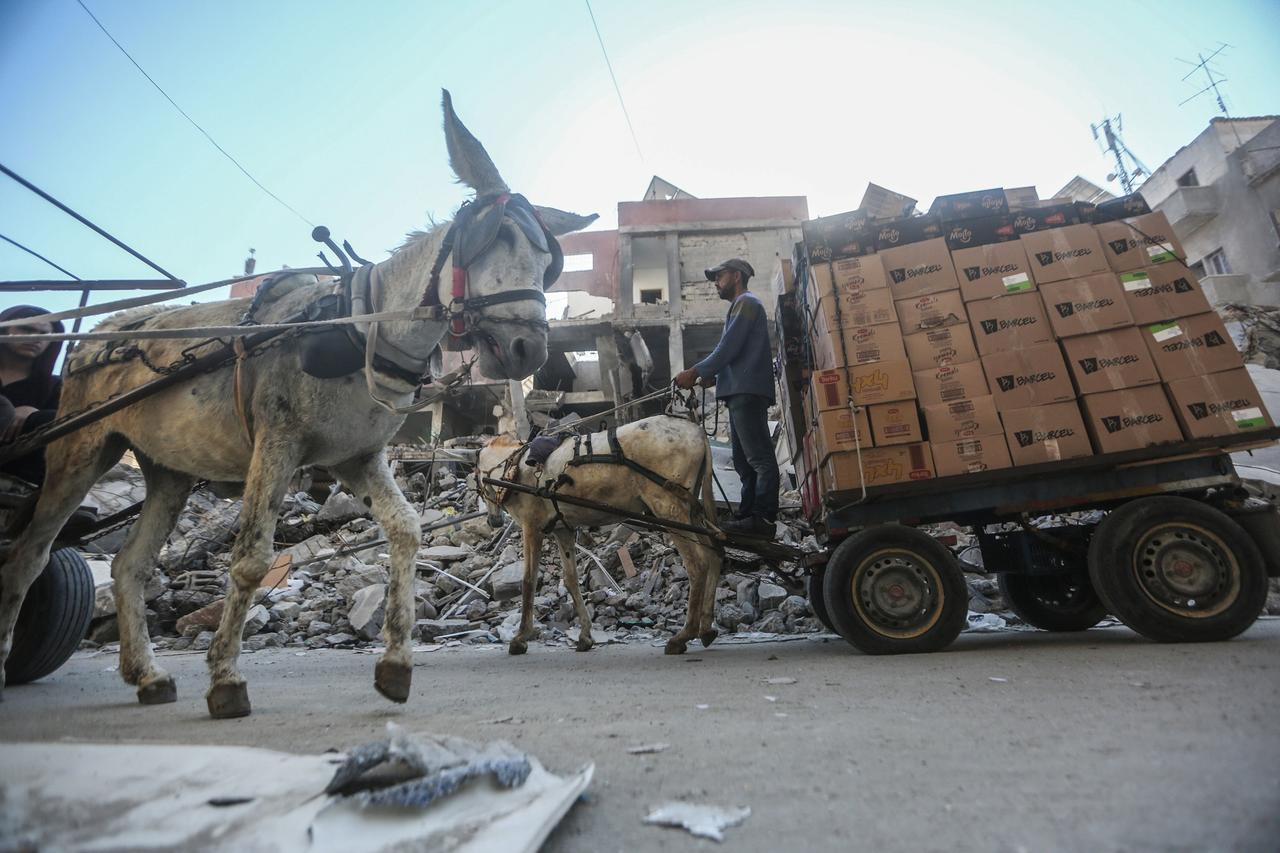 Ein palästinensischer Händler mit seinem Eselswagen vor einem zerstörten Gebäude in Khan Yunis. 