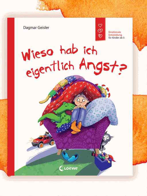 Cover von Dagmar Geislers Buch “Wieso hab ich eigentlich Angst?” Eine Zeichnung zeigt einen ängstlichen Junge, der auf einem Sessel kauert und sich unter Decken versteckt hat.
