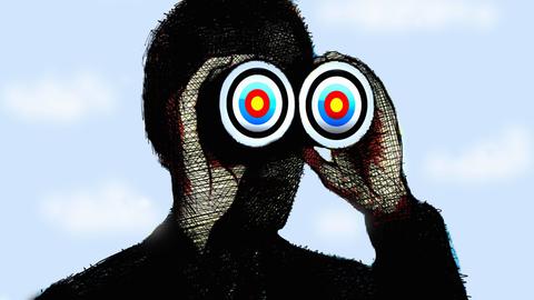Illustration eines Mannes als Silhouette, der durch ein Fernglas schaut, auf dem sich Zielscheiben befinden 