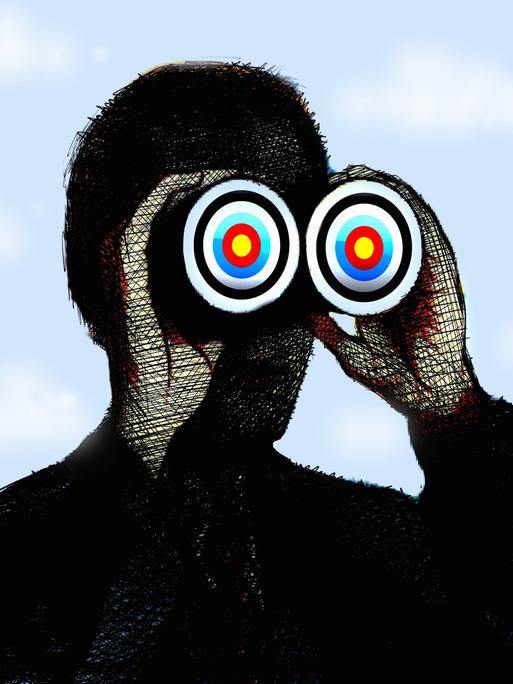 Illustration eines Mannes als Silhouette, der durch ein Fernglas schaut, auf dem sich Zielscheiben befinden 