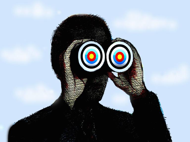 Illustration eines Mannes als Silhouette, der durch ein Fernglas schaut, auf dem sich Zielscheiben befinden 