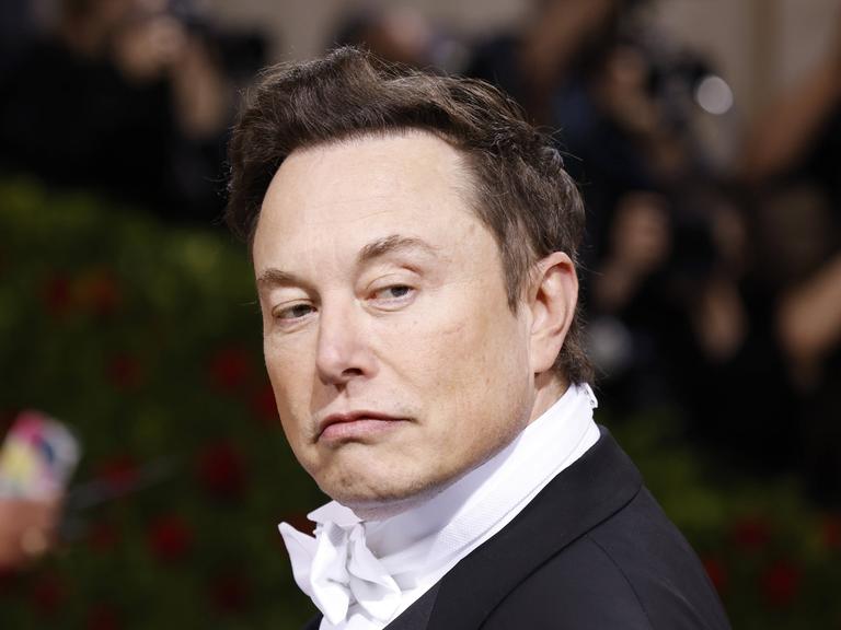 Elon Musk im schwarzen Anzug mit weißer Fliege schaut nach links über die Schulter.