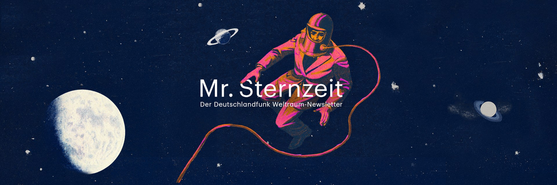 Vor einem tiefblauen Sternenhimmel schwebt ein stilisierter Astronaut im Weltraum. Das Bild erinnert an eine Retro-Illustration erinnern. Der Astronaut ist mit einem Sicherheitsseil verbunden, das sich in einer geschwungenen Linie durch das Bild zieht.