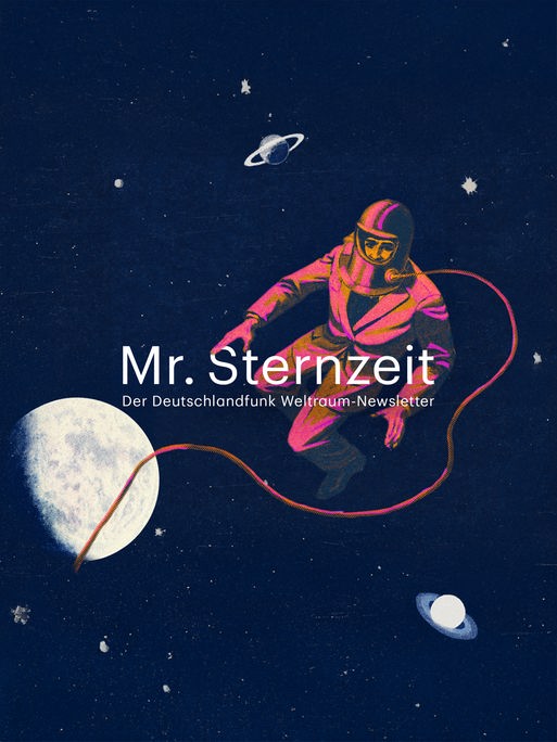 Vor einem tiefblauen Sternenhimmel schwebt ein stilisierter Astronaut im Weltraum. Das Bild erinnert an eine Retro-Illustration erinnern. Der Astronaut ist mit einem Sicherheitsseil verbunden, das sich in einer geschwungenen Linie durch das Bild zieht.