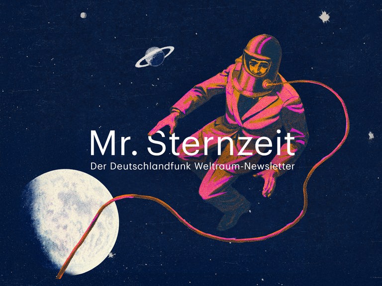 Vor einem tiefblauen Sternenhimmel schwebt ein stilisierter Astronaut im Weltraum. Das Bild erinnert an eine Retro-Illustration erinnern. Der Astronaut ist mit einem Sicherheitsseil verbunden, das sich in einer geschwungenen Linie durch das Bild zieht.