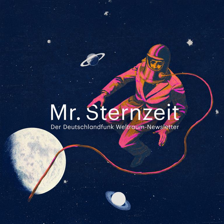 Vor einem tiefblauen Sternenhimmel schwebt ein stilisierter Astronaut im Weltraum. Das Bild erinnert an eine Retro-Illustration erinnern. Der Astronaut ist mit einem Sicherheitsseil verbunden, das sich in einer geschwungenen Linie durch das Bild zieht. Vor einem tiefblauen Sternenhimmel schwebt ein stilisierter Astronaut im Weltraum. Das Bild erinnert an eine Retro-Illustration erinnern. Der Astronaut ist mit einem Sicherheitsseil verbunden, das sich in einer geschwungenen Linie durch das Bild zieht.