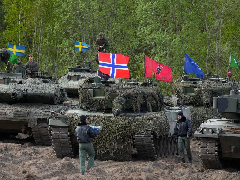 Panzer mit schwedischen, norwegischen und italienischen Flaggen bei einer Übung in einem Waldgebiet.