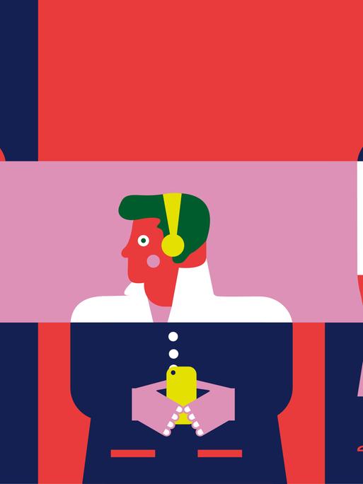 Die Illustration für das Dlf-Podcastfestival "History Talks" zeigt drei Figuren der Geschichte: Ramses II., Elvis Presley und Angela Merkel. Alle drei tragen Kopfhörer.  Elvis hält zusätzlich ein Smartphone in der Hand und Angela Merkel ein Mikrofon.