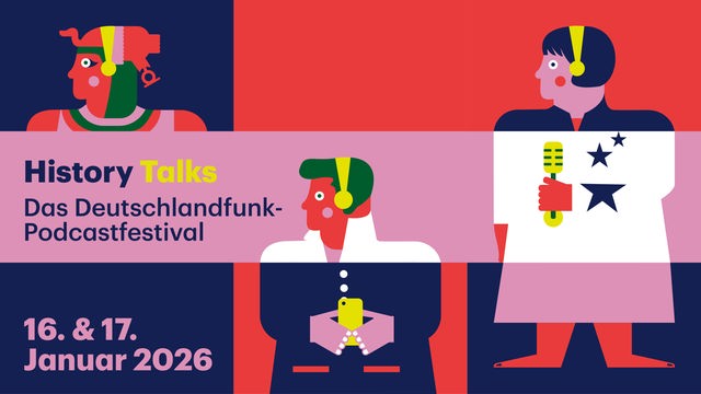 Die Illustration für das Dlf-Podcastfestival "History Talks" zeigt drei Figuren der Geschichte: Ramses II., Elvis Presley und Angela Merkel. Alle drei tragen Kopfhörer.  Elvis hält zusätzlich ein Smartphone in der Hand und Angela Merkel ein Mikrofon.