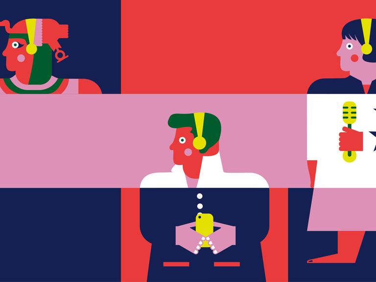 Die Illustration für das Dlf-Podcastfestival "History Talks" zeigt drei Figuren der Geschichte: Ramses II., Elvis Presley und Angela Merkel. Alle drei tragen Kopfhörer.  Elvis hält zusätzlich ein Smartphone in der Hand und Angela Merkel ein Mikrofon.