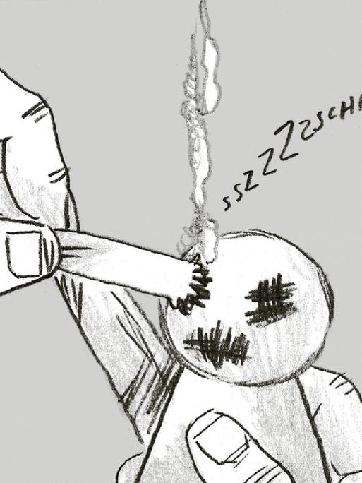 Illustration: Eine Hand drück auf einer Puppe eine Zigarette aus.