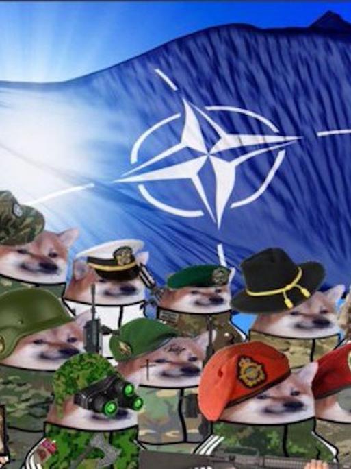 Fotomontage: 18 japanische Shiba-Hunde in diversenmilitärischen Uniformen gruppieren sich vor einer NATO-Flagge.