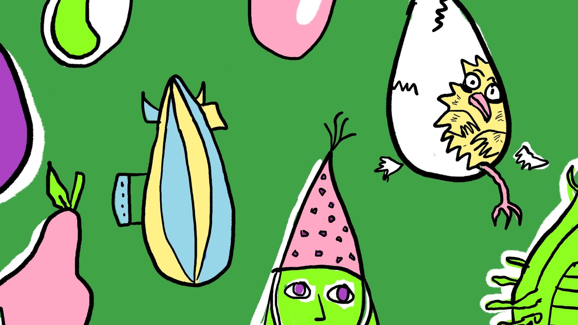 Illustration bunter doku drops vor grünem Hintergrund.