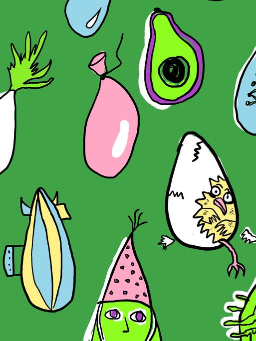 Illustration bunter doku drops vor grünem Hintergrund.