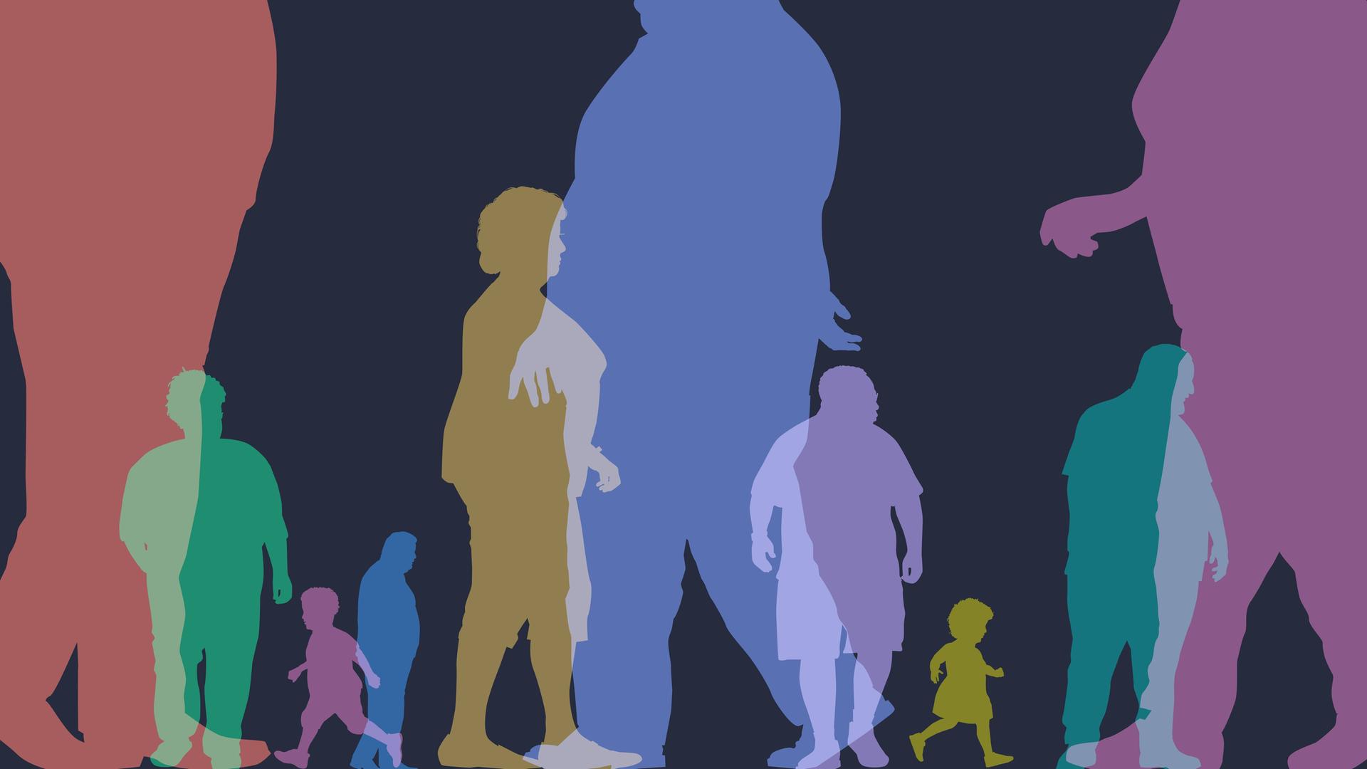 Illustration von farbigen Menschensilhouetten, große und kleine, dicke und dünne, alte und junge Menschen Illustration von farbigen Menschensilhouetten, große und kleine, dicke und dünne, alte und junge Menschen