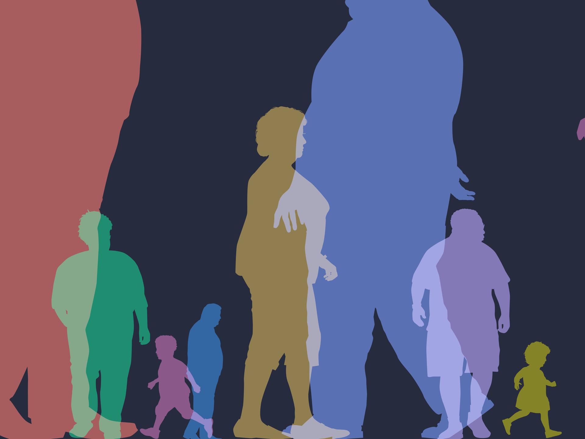 Illustration von farbigen Menschensilhouetten, große und kleine, dicke und dünne, alte und junge Menschen