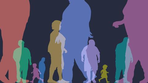 Illustration von farbigen Menschensilhouetten, große und kleine, dicke und dünne, alte und junge Menschen Illustration von farbigen Menschensilhouetten, große und kleine, dicke und dünne, alte und junge Menschen