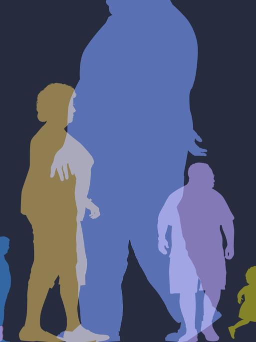 Illustration von farbigen Menschensilhouetten, große und kleine, dicke und dünne, alte und junge Menschen