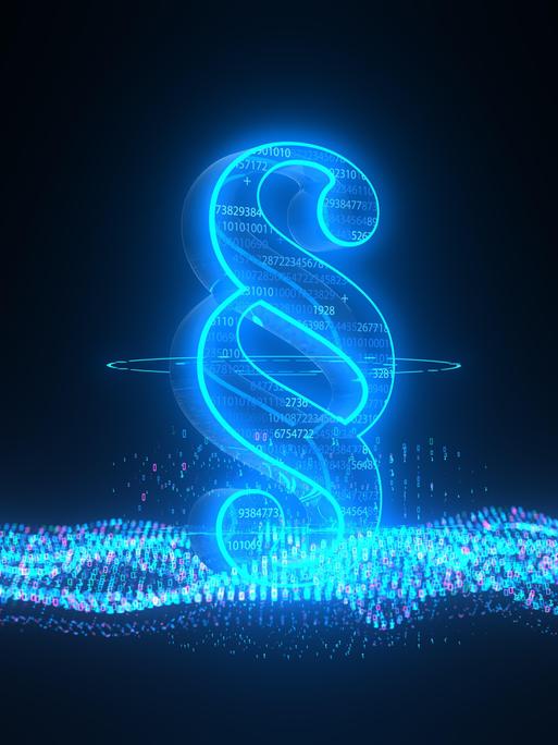 In einer 3-D-Illustration ist ein großer, blau-leuchtender Paragraf abgebildet.