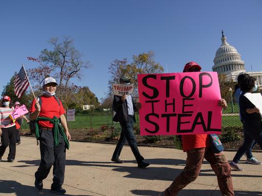 Unterstützer von Donald Trump laufen nach der Präsidentschaftswahl 2020 vor dem Kapitol entlang. Eine Person trägt ein Schild mit der Aufschrift "stop the steal".