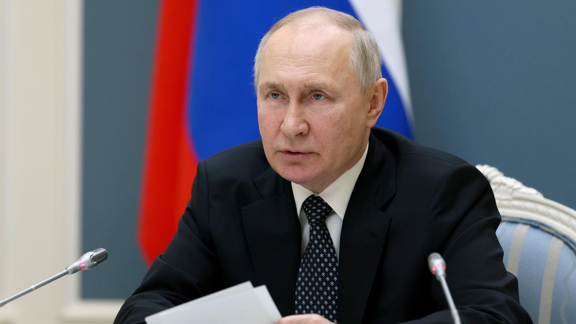 Russian President Vladimir Putin chairs a Security Council meeting via videoconference in Moscow, Russia, Wednesday, April 5, 2023. (Gavriil Grigorov, Sputnik, Kremlin Pool Photo via AP)