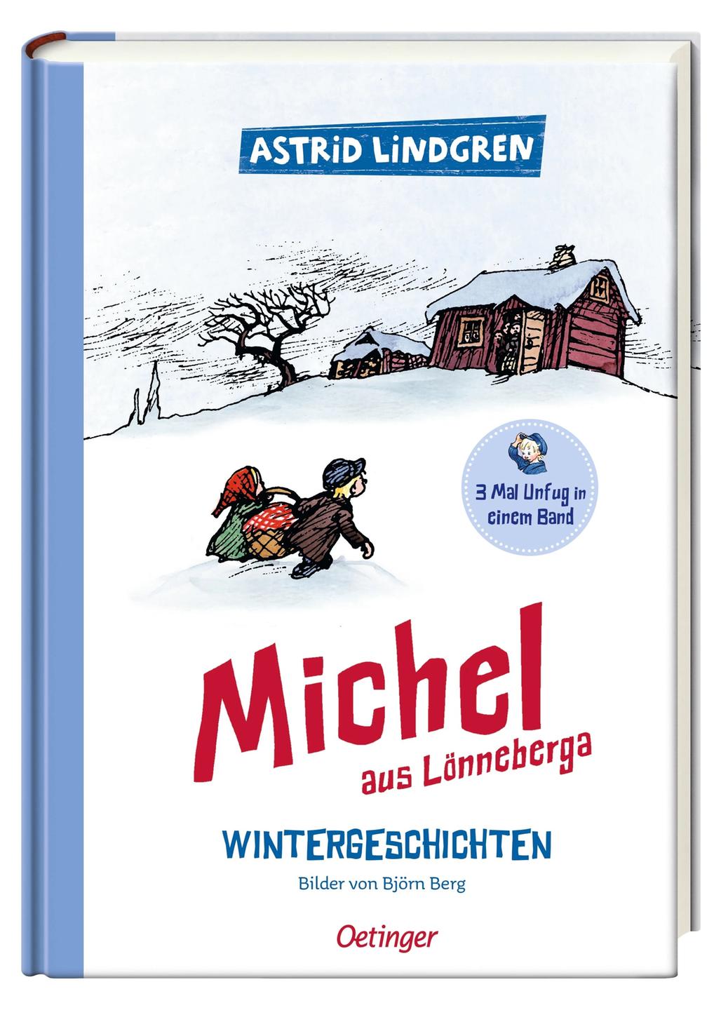 Buchcover, Illustration zweier Kinder, die einen Korb durch den Schnee tragen