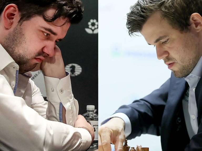 Collage mit den Schachprofis Jan Nepomnjaschtschi (links) und Magnus Carlsen (rechts).