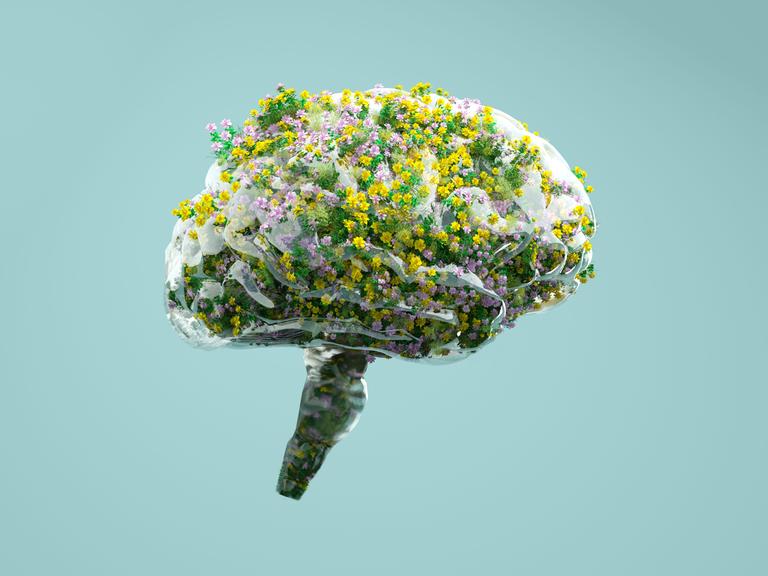 Abstrakte Darstellung eines menschlichen Gehirns, aus dem Blumen sprießen.
