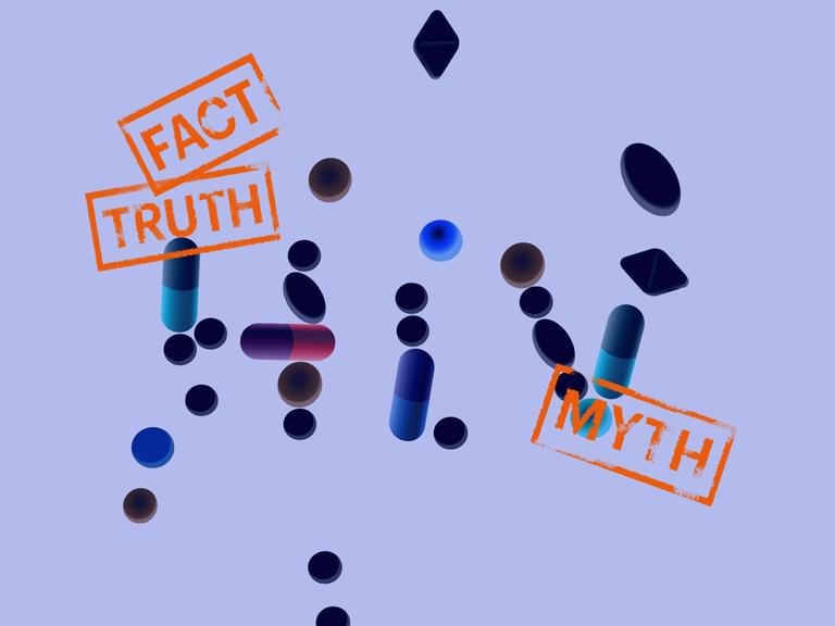 Blauer Hintergrund, zentral im Bild die Buchstaben HIV und Stempelabdrücke "Fact, Truth, Myth", Buchstaben lösen sich weiter auf