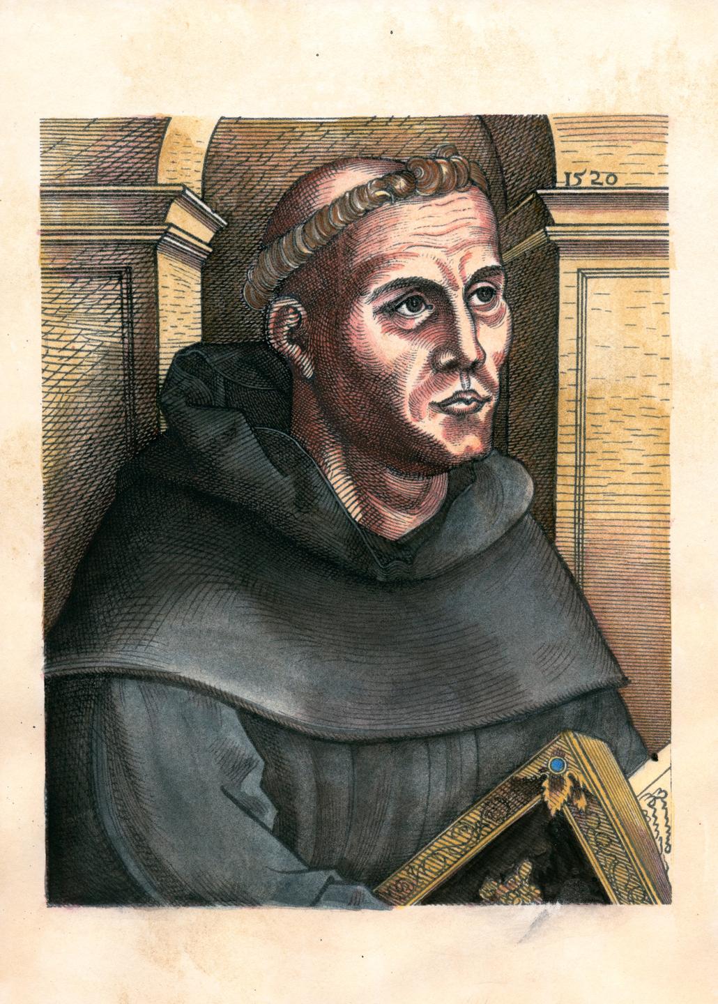 Die Zeichnung zeigt ein Portrait von Martin Luther und basiert auf einem Holzschnitt von Lucas Cranach