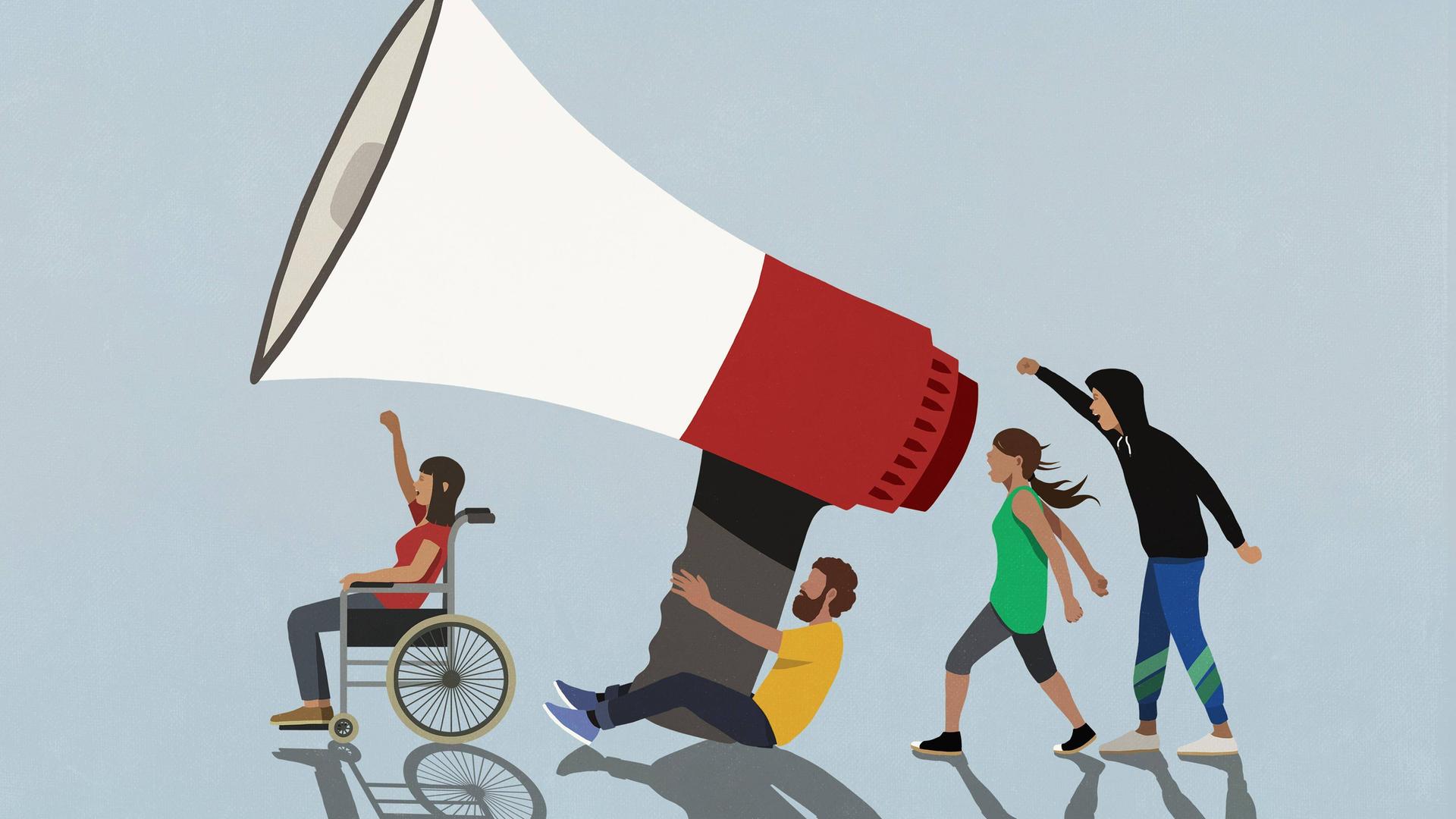 Illustration: Protestierende Aktivisten mit einem übermenschengroßen Megaphon
