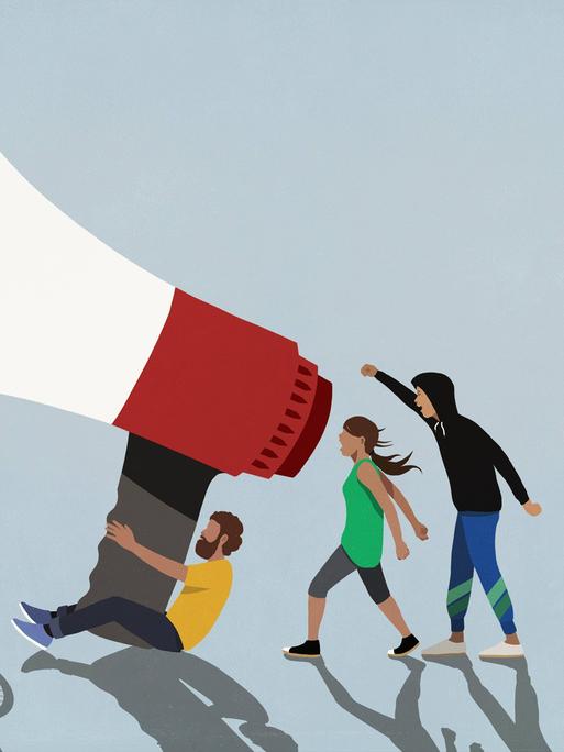 Illustration: Protestierende Aktivisten mit einem übermenschengroßen Megaphon
